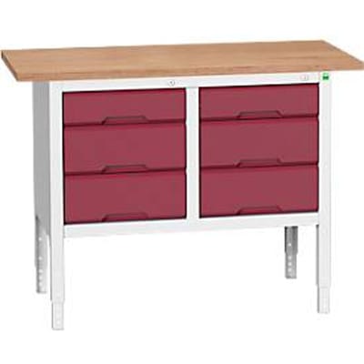 Bott verso box werkbank, multiplex legbord, 6 laden, B 1250 x D 600 x H 830 - 930 mm, RAL 7035 lichtgrijs / paarsrood