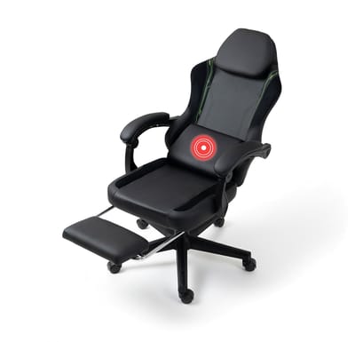 VDD Gaming - Gamestoel met massagefunctie en voetsteun - Gaming chair in de kleur zwart/groen - Game stoel met nekkussen & verstelbaar rugkussen - Ergonomische bureaustoel met padded armsteunen - Max draagvermogen 150 kg - Verstelbare ruggensteun