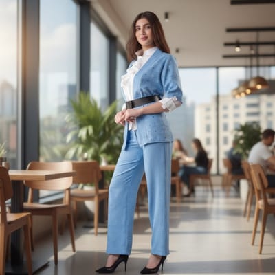 3-delige Linnen Dames Set met Zwarte Riem – Blazer, Broek & Witte Blouse met Oprolbare Mouwen S, Blue