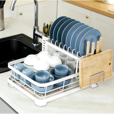 2-Laags Afwasrek met Afvoerplank - RVS Keukenstandaard voor Borden, Bestek en Snijplank Organizer, Wit