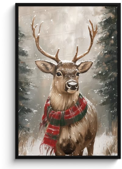 Poster in lijst - Fotolijst 80x120 cm - Posters - Winter - Bos - Rendier - Donker - Posterlijst zwart - Decoratie - Wanddecoratie woonkamer - Muurdecoratie slaapkamer