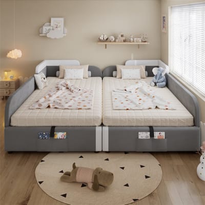 Gutent-Gestoffeerd bed-hydraulisch-90x200cm*2-gezamenlijk-kinderbed-opbergbed-verhoogde zachte omheining-velours+multiplex-grijs
