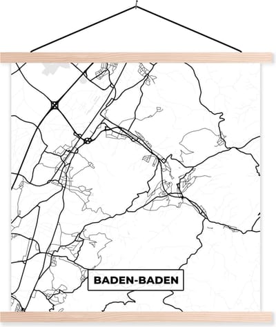 Posterhanger incl. Poster 40x40 cm - Schoolplaat - Baden-Baden - Stadskaart - Plattegrond - Kaart - Textielposter - Blanke latten - Stadskaart