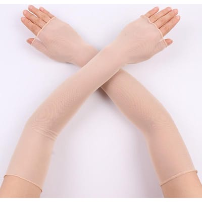 Protection Solaire d'Été Longs Gants Sans Doigts pour Femmes Mailles Fines Transparentes en Dentelle Manches pour Bras Protection Solaire UV Mitaines Sexy Respirantes One Size beige