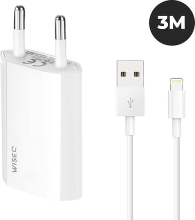 USB oplader geschikt voor iPhone en iPad - inclusief 3 meter Lightning naar USB kabel - wit - WiseQ