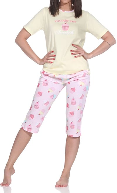 Normann dames capri Pyjama met korte mouwen – schattig cupcake-motief – ook in grote maten