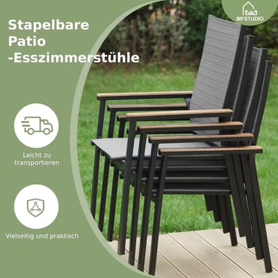 Tuinmeubelset 152x96 cm met 4 Stapelbare Stoelen en Parasolgat 4-5 cm – Weerbestendige Metalen Tuintafel Set voor Buiten, Terras & Tuin – Modern Design – Laura