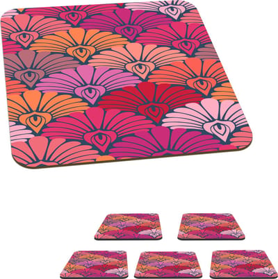 Onderzetters voor glazen - Patronen - Art Deco - Roze - Bloemen - 10x10 cm - Glasonderzetters - 6 stuks