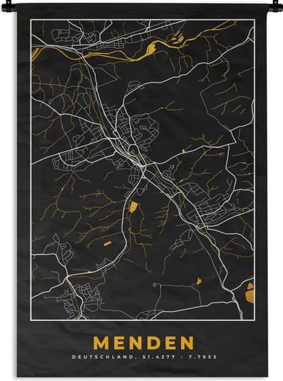 Wandkleed - Wanddoek - Stadskaart – Plattegrond – Duitsland – Goud – Menden – Kaart - 120x180 cm - Wandtapijt