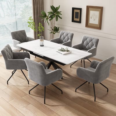 MODFU - Eetkamerstoelen Set Van 6 - Gestoffeerd Met Armleuningen - Modern - Voor Eetkamer Of Bureau - Metaal - Lichtgrijs