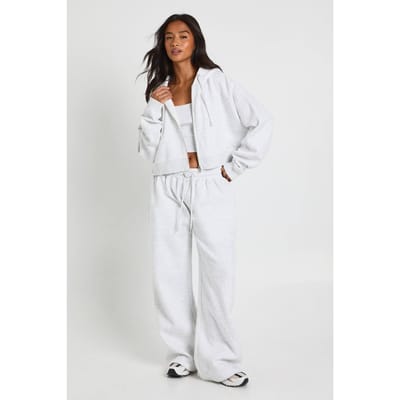 boohoo Dames Petite Crop Top met diepe zoom 3-delig trainingspak met capuchon | Asgrijs | Maat: Medium