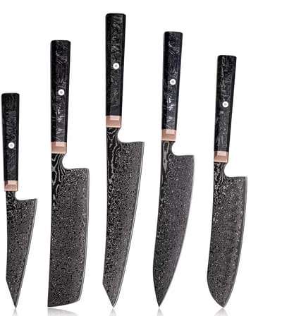 KAAMUT® 5-delige Messenset 67 Lagen Zwart Damascusstaal – Vlijmscherp – Professionele Koksmessen – Handvat van Koper & Carbon