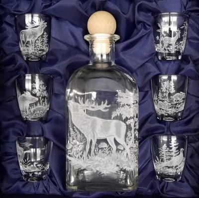 SnelShoppen - Geweihe & Trophäen KRUMHOLZ Shotglas Set met Decanteerfles - 7-delige Jacht Decoratie in Cadeauverpakking - Handgemaakt, Groen, Voor Fee