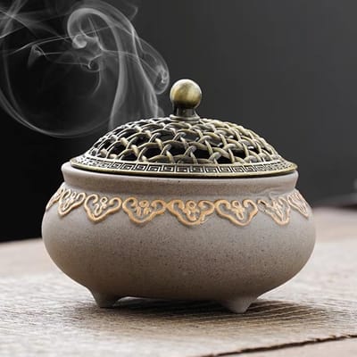 Dailygoods - Vintage keramische wierookbrander, wierookbrander, houder rond, Chinees porselein, rookschaal met metalen deksel en vuurvast, voor thuis, woonkamer, meditatieruimte, kantoordecoratie