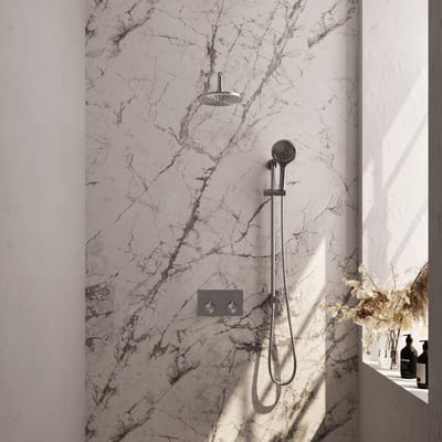 Brauer Brushed Carving thermostatische inbouw regendouche met drukknoppen SET 69 met 20 cm douchekop en gebogen muurarm en 3-standen handdouche en doucheslang en geïntegreerde glijstang RVS geborsteld PVD
