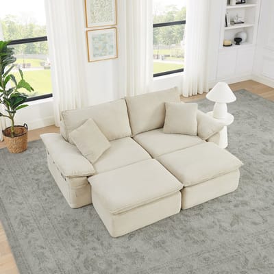 Wishdor 2-Zits Vloersofa - Modulair En Zacht Gevoerd - Modern Ontwerp - Voor Woonkamer Of Werkkamer - Stof - Beige - Met Verplaatsbare Voetenbank