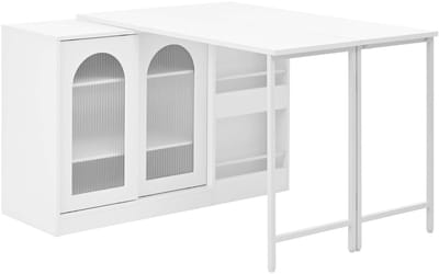 Bar tafel keuken eiland Uitrekbaar draaibaar tafelblad Met opbergkast en open planken Uitbreidbaar ontwerp Ruimtebesparend Stevig houten frame Eenvoudig te monteren en schoon te maken Geschikt voor keuken en woonkamer 121,5×40×76,7cm Wit