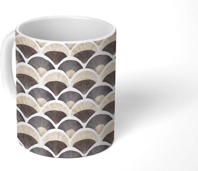 Mok - Koffiemok - Waaier - Patroon - Zwart - Beige - Mokken - 350 ML - Beker - Koffiemokken - Theemok