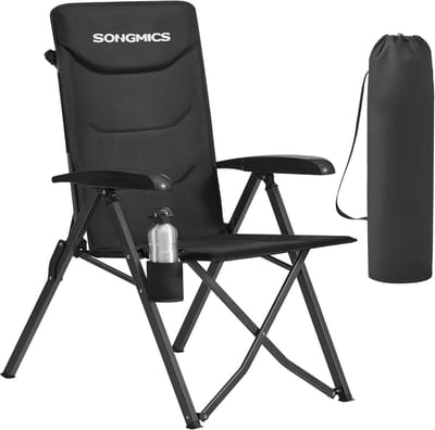 SONGMICS Campingstoel voor volwassenen, verstelbaar van 95° tot 150°, opvouwbaar, met hoge rugleuning, bekerhouder en opbergtas met schouderriem, voor tuin, picknick en vissen, zwart GCB015BZ01