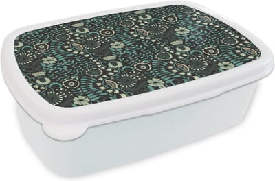 Broodtrommel Wit - Lunchbox - Brooddoos - Bloemen - Blauw - Patroon - 18x12x6 cm - Volwassenen