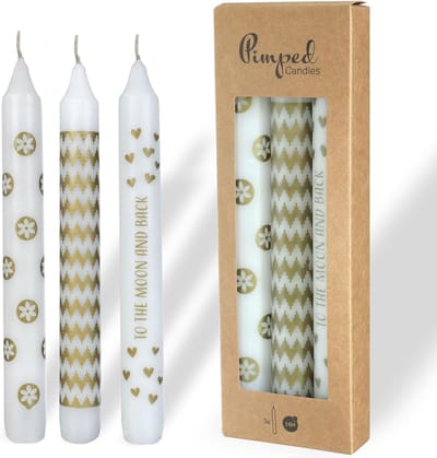 Tafelkaarsen Set - Spitskaarsen Decoratie - Sfeer Creëren - Bedrukte Motieven - 3 Stuks 20cm - Wit Goud