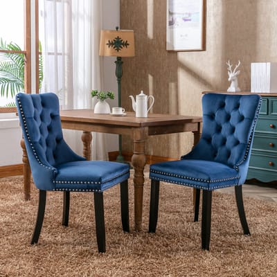 Clruro Collectie - Eetkamerstoelen Set van 2 - Hoogwaardige Velvet Bekleding - Houten Poten & Nailhead Trim - Blauw