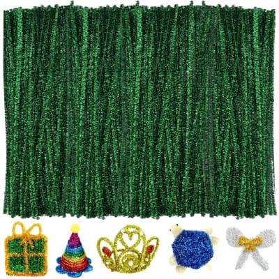 Fako Bijoux - 100 Donkergroene Glitter Pijpenragers - Set van 100 Stuks Chenille Draden - Glitter Donkergroen - 30 cm Lang - Knutselen - DIY - Hobby - Chenille Draad – Flexibele Pijpenragers - Kinderen en Volwassenen - 100 Stuks