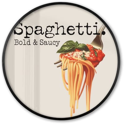 Poster in lijst Rond - Fotolijst 60x60 cm - Posters - Spaghetti - tomatensaus - Parmezaanse kaas - Ronde posterlijst zwart - Decoratie - Wanddecoratie woonkamer - Muurdecoratie slaapkamer