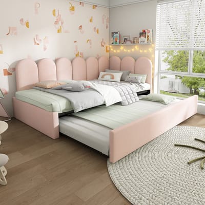 MODFU Daybed 90x200 cm – fluweel roze – met uitschuifbed 90x190 cm – L-vormig design – kinderkamer