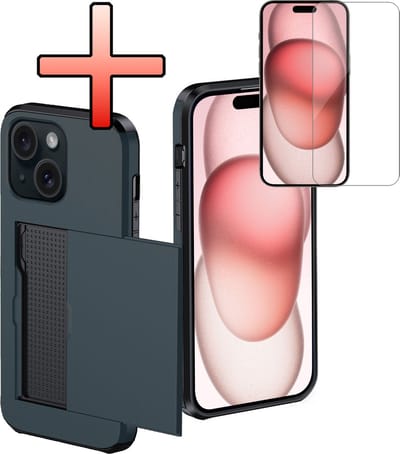 Hoes Geschikt voor iPhone 15 Hoesje Pasjeshouder Hard Cover Met Screenprotector Shock Proof Hard Case Hoes Met Kaarthouder - Donkerblauw