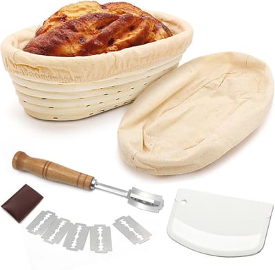 Set rijsmandjes voor brood bakken - Ovaal, 25 cm, natuurlijk rotan - Compleet met bakkersmes, linnen overtrek en deegschraper