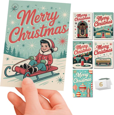 Inspra Studio – Luxe Kerstkaarten met Enveloppen – 6 Stuks – Jaren 50 Wenskaarten Set 2 – Artistieke Illustraties met Nostalgische Retro Stijl