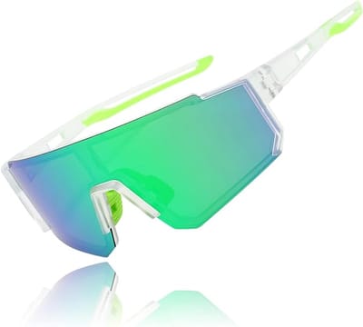 Unisex sportzonnebril, gepolariseerde zonnebril, fietsbril, hardloopbril, Geschikt voor mountainbiken, wielrennen, skiën en hardlopen, met UV400-bescherming (transparant montuur met groene coating).