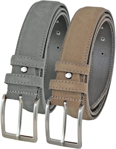 Landley Suede Pantalon Riemen Set - Suède Leren Heren Riemen Duopack - Leer - Grijs en Taupe - Lengte totaal 100 cm / Riemmaat 85