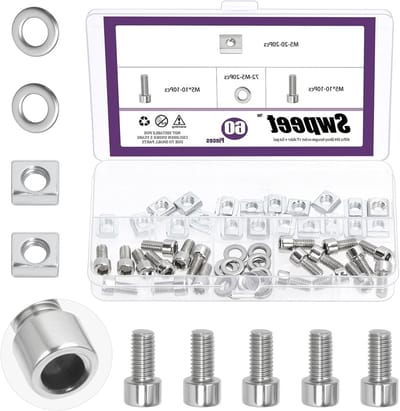 60-delige set M5 RVS T-slot moeren met inbusschroeven en platte ringen, ideaal voor aluminium profielen en constructies
