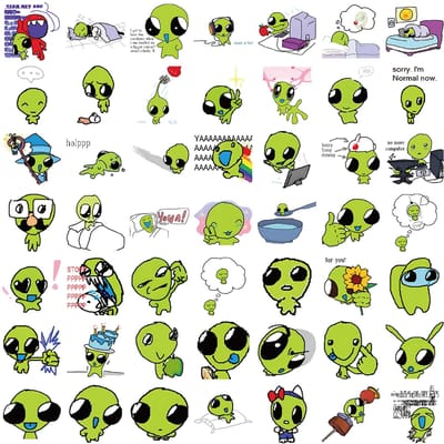 52 Stuks Groene Buitenaardse Stickers Waterdicht Herbruikbaar PVC Decals Met Speelse Ontwerpen Voor Laptops Waterflessen Skateboards Bagage yellow