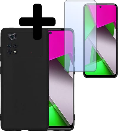 Hoesje - Met Screenprotector - Geschikt voor Xiaomi Poco X4 Pro 5G - Sterk & Shockproof - Back Cover - Siliconen Case - Telefoon Hoes - Telefoonhoesjes - Zwart