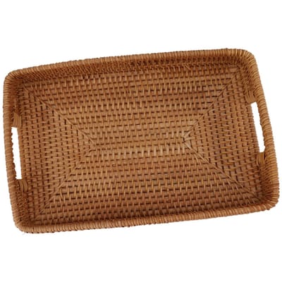 Plateau Panier de Service avec Poignées Rotin Rectangulaire Grande Capacité Plateau Décoratif Durable pour Fruits Dessert Cuisine L brown