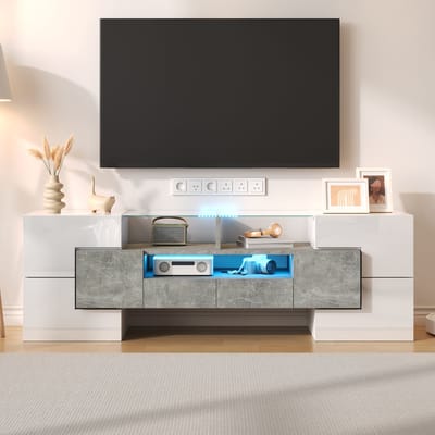 STILVORA TV meubel - Vitrine TV-Kast Met Glazen Front En LED-Verlichting - 145 x 30 x 51 cm - Spaanplaat + MDF + Glas - Wit