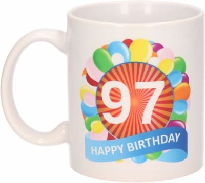 Beallatio Decorations - 97 jaar Verjaardag koffiemok - cadeau beker - feestelijke ballonnen print - 300 ml - keramiek - wit