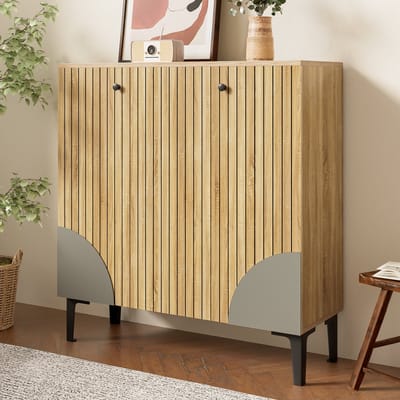 MODENUIT Schoenenkast - 3 Deuren Met Opbergruimte En Bovenblad - Voor Hal En Entree - Houtkleur - 90x32x94 Cm