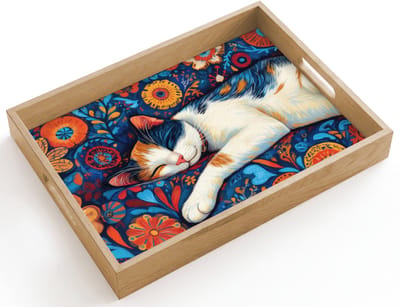 Dienblad hout 40x30 cm - Schootdienblad - Kat - Bloemenpatroon - Blauw - Oranje - Borrelplank rechthoek - Plateau dienbladen