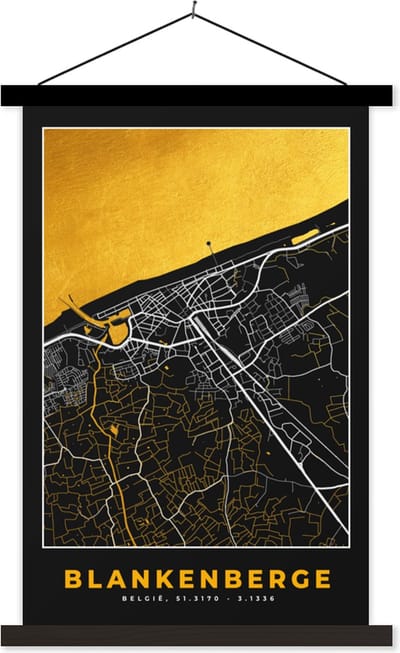 Posterhanger incl. Poster 40x60 cm - Schoolplaat - Plattegrond - Stadskaart - Blankenberge - Goud - Kaart - Textielposter - Zwarte latten - Stadskaart