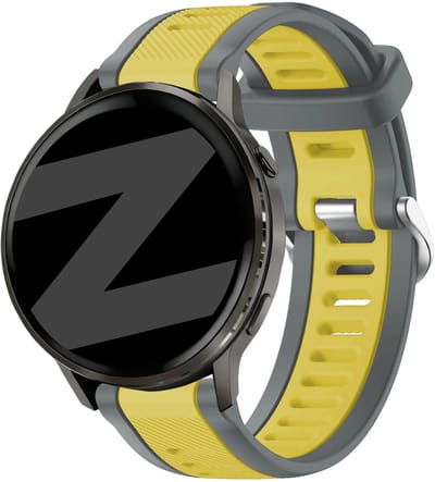 Bandz Siliconen sport bandje met gespsluiting geschikt voor Garmin Vivoactive 6 / 5 / 3 / Vivomove / 3 / HR / Style / Luxe / Sport / Trend / Forerunner 645 / 570 / 245 / 170 / 165 / 70 / 55 / Venu / SQ / SQ2 / 2 Plus / Approach S12 - Grijs/Geel