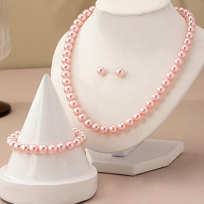 4 stuks Modieuze Eenvoudige & Elegante Kunstparel Kralen Ketting Armband Oorbellen Sieraden Set, Perfect voor Diners, Dates, Bijeenkomsten en Feesten one-size roze