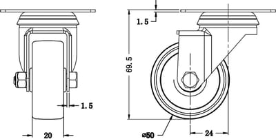 50 mm zwenkwiel met grijze rubberen band, draaibaar, draagvermogen 80 kg, set van 2