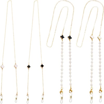 Vierdelige ketting met klavertje vier, zonnebrilriem, gouden ketting, antislip brillenkoord en kralenketting voor stijlvolle accessoires, zwart, 70 cm