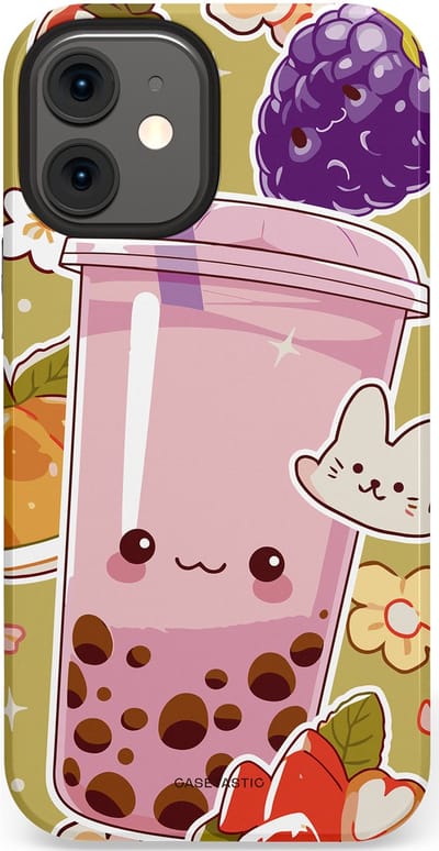 Casetastic Hoesje Geschikt voor Apple iPhone 12 Mini - Stijlvolle Beschermende Duo-layer Case - Roze Rode Kawaii Bubbletea Korea