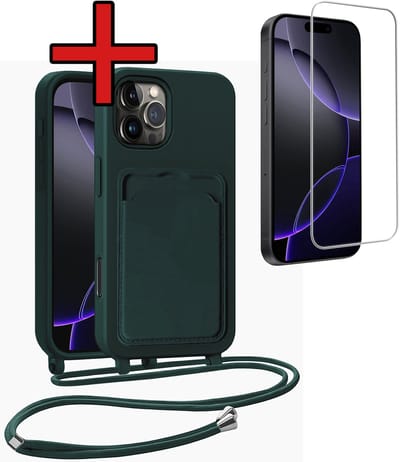 Hoesje Geschikt voor iPhone 16 Pro Hoesje Met Telefoonkoord en Pasjeshouder Met Screenprotector Siliconen - Hoes Geschikt voor iPhone 16 Pro Hoesje Met Kaarthouder Case - Donkergroen
