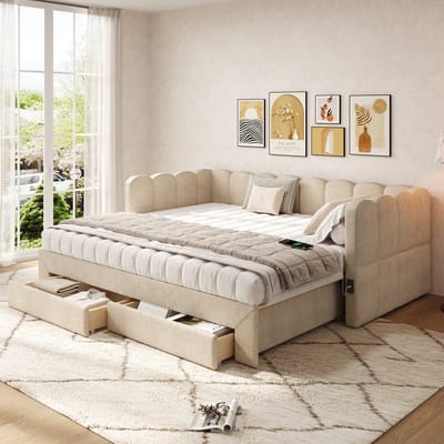 Slaapbank 90x190 cm - met uitschuifbaar bed - met 2 opberglades - met USB-aansluiting - lichtgrijs - zonder matras